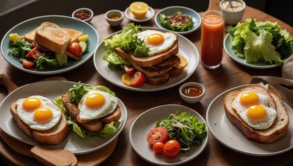 Fototapeta na wymiar Elegant Morning Feast: Gourmet Egg Sandwiches with Fresh Greens