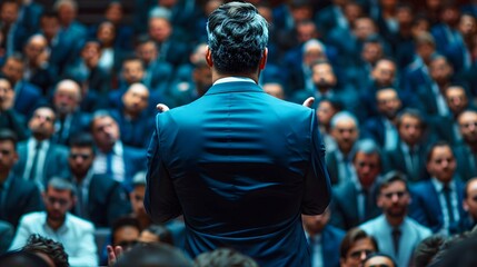 Man giving speech in front of backlit audience  Speaker and leadership concept