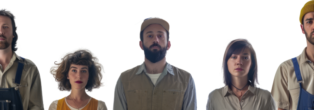 Diverse group of professionals in work attire cut out on transparent background