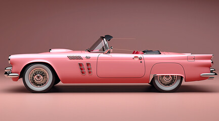 Pink Vintage Convertible Car on Pink Background - obrazy, fototapety, plakaty