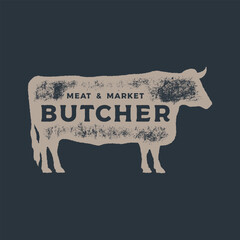 Hand drawing of Cow meat in retro engraving style. Butcher in graphic vintage style. Vector logo template.