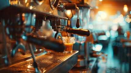 Espresso poruing from coffee machine at cafe - obrazy, fototapety, plakaty