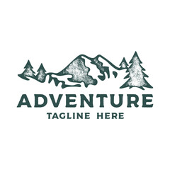 Hand drawing of Mountain landscape in retro engraving style. Adventure in graphic vintage style. Vector logo template.