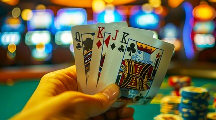 A dramatic close-up of a poker player's hand flipping over their cards to reveal a winning combination.
