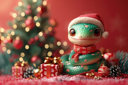 Fantasy cute green snake with Christmas gifts near Christmas tree on red background, great design postcard on holiday background. New Year 2025 art illustration. Cartoon snake