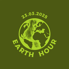 Vintage Earth Hour with grunge texture and emblem. Earth Hour vintage print for t-shirt. Trendy Hipster design. Vector illustration