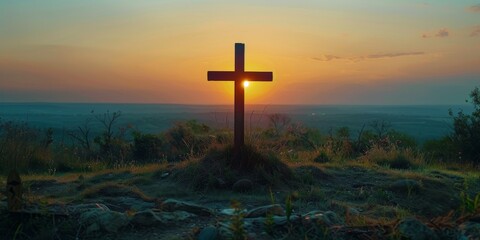 Cross on Top of a Hill at Sunset