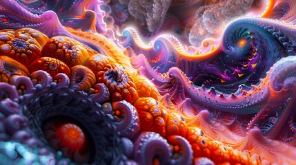 A surreal 3D rendering of a psychedelic dreamscape, with swirling colors 