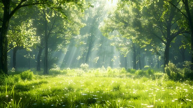 Green forest in summer at sunrise. Panorama of a secluded glade with sun rays shining .