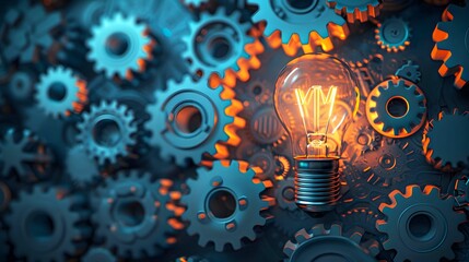 An illustration of a lightbulb surrounded by gears, representing the innovation and ideation process inherent in business development.