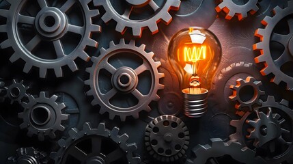 An illustration of a lightbulb surrounded by gears, representing the innovation and ideation process inherent in business development. - obrazy, fototapety, plakaty