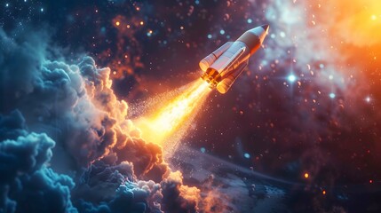 An illustration of a rocket launching into space, representing the rapid growth trajectory of a successful business development initiative.  - obrazy, fototapety, plakaty