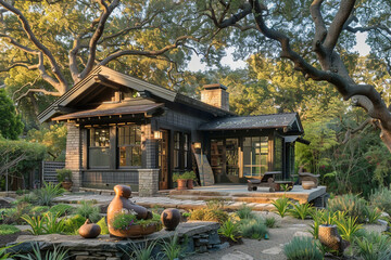 A Craftsman bungalow with an artista??s studio, surrounded by a sculpture garden and mature trees, reflecting the ownera??s creative spirit and the homea??s architectural heritage. - obrazy, fototapety, plakaty