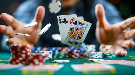 A dramatic close-up of a poker player's hand flipping over their cards to reveal a winning combination.