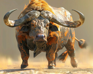 Obraz premium A large brown and black ox with horns is running across a dry, dusty plain
