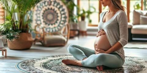 Pregnant Woman Sitting on Rug in Living Room