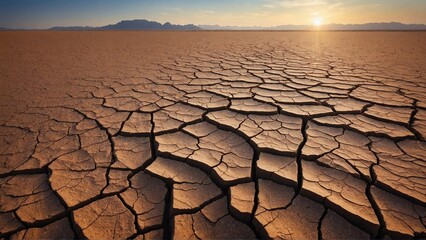dry cracked desert ground on lifeless desert backdrop, illustrating the ecological crisis and the urgent need for conservation efforts in arid regions