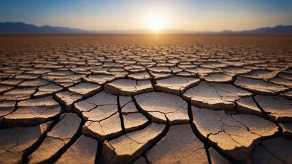 dry cracked desert ground against barren backdrop, showcasing ecology problems and issues of desertification in harsh landscapes