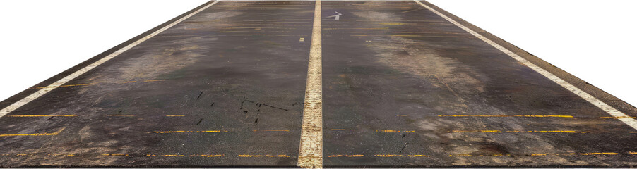 Perspective view of an empty asphalt road with markings cut out on transparent background