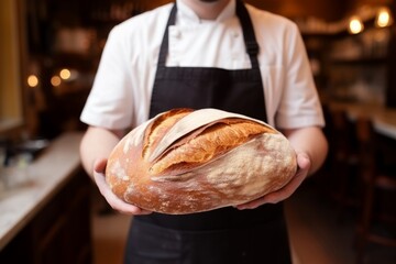Experienced baker holding dark warm bread bakery fresh homemade wheat cake professional man kitchen work rustic business cafe coffee shop store owner tasty baked goods flour grain secret ingredient