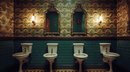 A row of three toilets in a public restroom with blue and green tiles, AI - obrazy, fototapety, plakaty