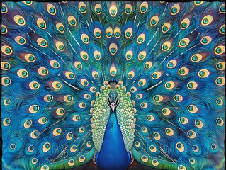 A blue and green peacock with its head down - obrazy, fototapety, plakaty