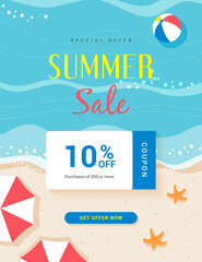 Summer sale coupon template vector design. Summer beach flat design.