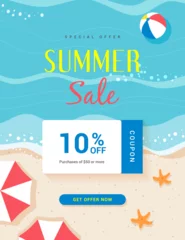 Gordijnen Summer sale coupon template vector design. Summer beach flat design. © Farosofa