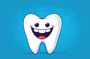 funny smiling cartoon character of white tooth on blue background. pediatric dentistry, stomatology.