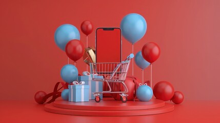 Capture a striking photograph of a mobile phone placed inside a shopping cart, with festive red and white balloons hovering above against a red backdrop.