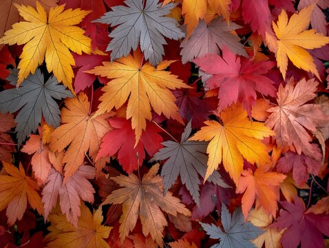 A close up of many different colored leaves, including red, yellow, and brown. The leaves are scattered throughout the image, creating a sense of depth and texture. Scene is warm and inviting