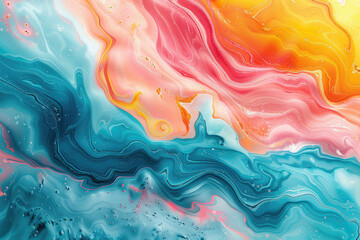 Fototapeta na wymiar Abstract background with swirling colors and fluid shapes, evoking the beauty of marble in motion, in vibrant hues of teal blue, coral pink, orange, yellow, and white. Created with Ai