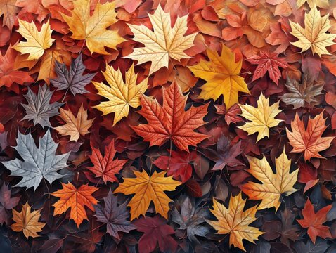 A colorful autumn scene with many leaves of different colors. The leaves are scattered all over the ground, creating a beautiful and vibrant display. Concept of warmth and coziness