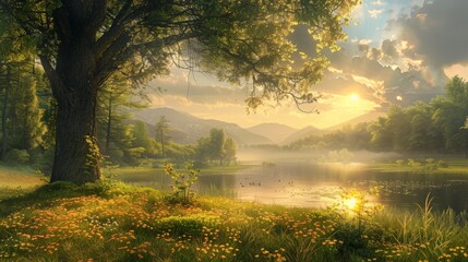 A beautiful painting of a lake with trees and flowers, AI