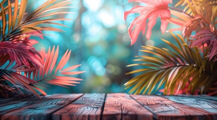 wooden table with colorful palm leaves on a flat beach background