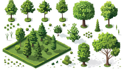 Isometric set of park plants with green trees 