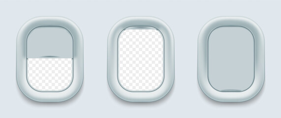 Vector aircraft windows. Airplane porthole in open and closed positions. Stock illustration.