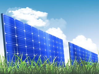 Solar panels with green grass. Stock vector illustration.