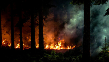 Burning forest. Pine trees on fire. The concept of saving nature and ecology from forest fires. Generative AI.