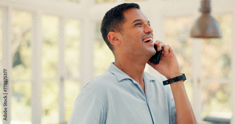 Poster Laughing, conversation and a man on a phone call in a house for communication or funny chat. Happy, hello and a person speaking on a mobile for networking, discussion or talking to a contact in home