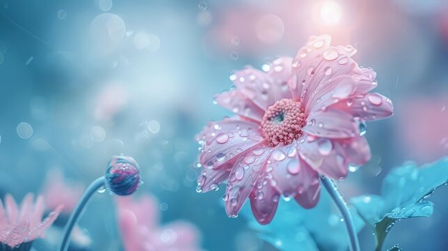 a full-bloomed flower adorned with dew drops in the soft morning light against a colorful background.