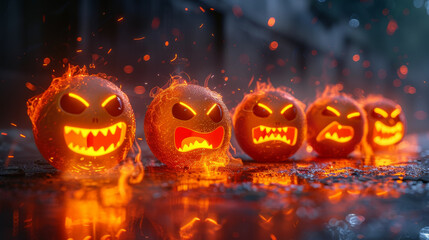 A vibrant array of flaming carved pumpkins, casting eerie shadows and illuminating the night with a ghostly glow.