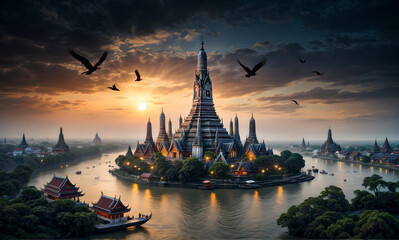 Wat Arun ethereal fantasy concept art of  Wat Arun lighted lookout tower in fantasy style on a hill next to a small river