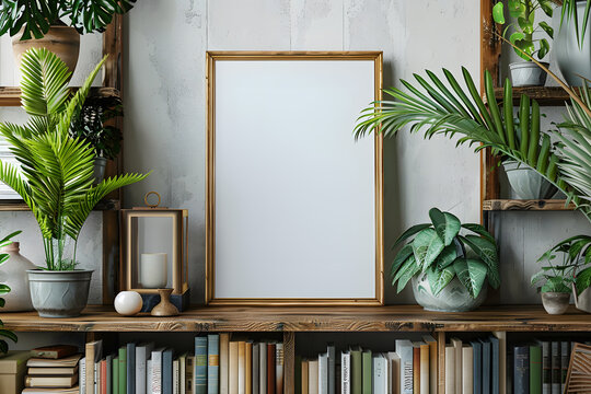 Frame mockup on boho bookshelf with plants interior