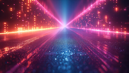 Abstract background with laser light, blue and purple colors, red glow lines, sparks and particles. Created with Ai