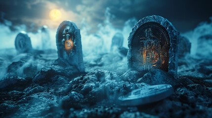 Cryptic bitcoin graveyard ancient coins embedded in fogcovered tombstones moonlit ethereal glow - obrazy, fototapety, plakaty