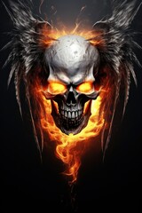Skull burning eyes, skull head portrait with flames, fiery skull art, flaming skull design, inferno skull illustration, hell, monster, bones, generative AI, JPG
