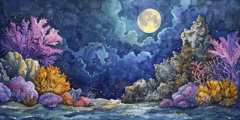 Foto op Aluminium Capturing the ethereal beauty of coral spawning under moonlight in a mesmerizing watercolor painting style. © Kanisorn
