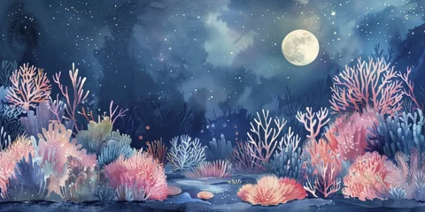 Foto op Aluminium Coral spawning under moonlight, renewal and underwater marvel concept, watercolor painting style. © Kanisorn