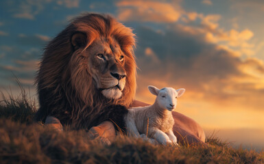 The Lion and the Lamb: Symbol of Christian Hope and Jewish Messianic Expectation, Embodying Peace and Restoration. Symbolizing Zion, Salvation, Faith, Christianity, Judaism, Eternal life, Revelation